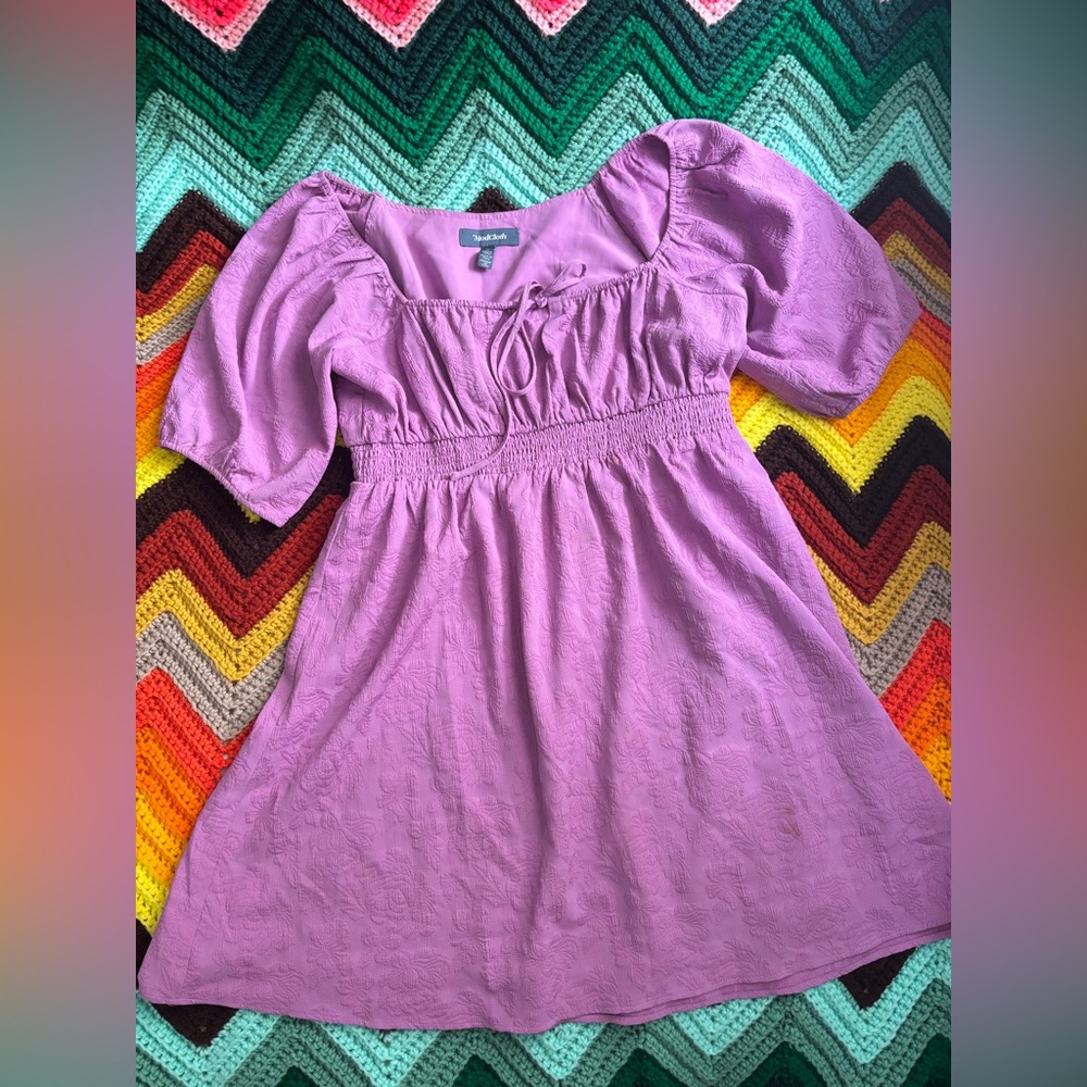 ModCloth Lilac Purple Dress with Smocked Waist and Puff Sleeves Size L